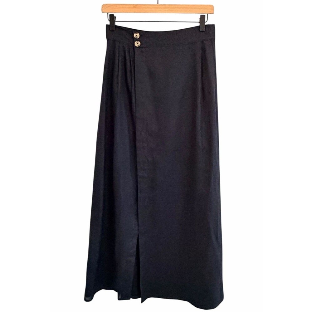 Anthropologie Black Linen Wrap Maxi Skirt Size 2 Minimalist Quiet Luxury Capsule